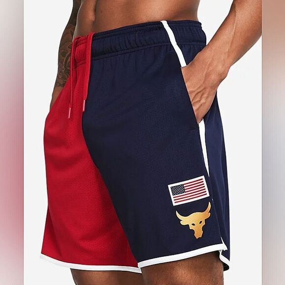 Under Armour Project Rock USA Flag Gym Training Shorts Men's M Red Blue Gold UA - Picture 2 of 12